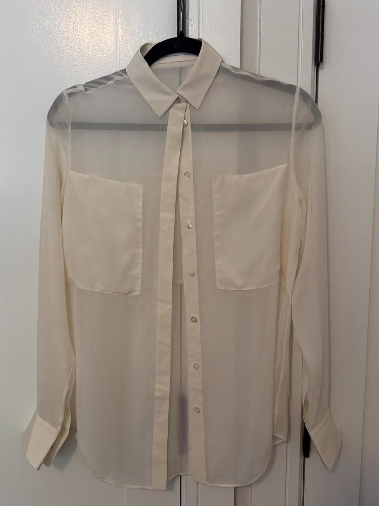 Cream/White Sheer Button-Up Blouse With Pockets #Sheer #Workwear